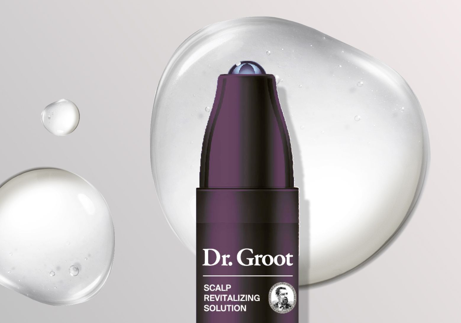 Close-up of Dr. Groot Hair Thickening Roll-On Serum texture – lightweight and non-sticky formula with menthol for scalp revitalization