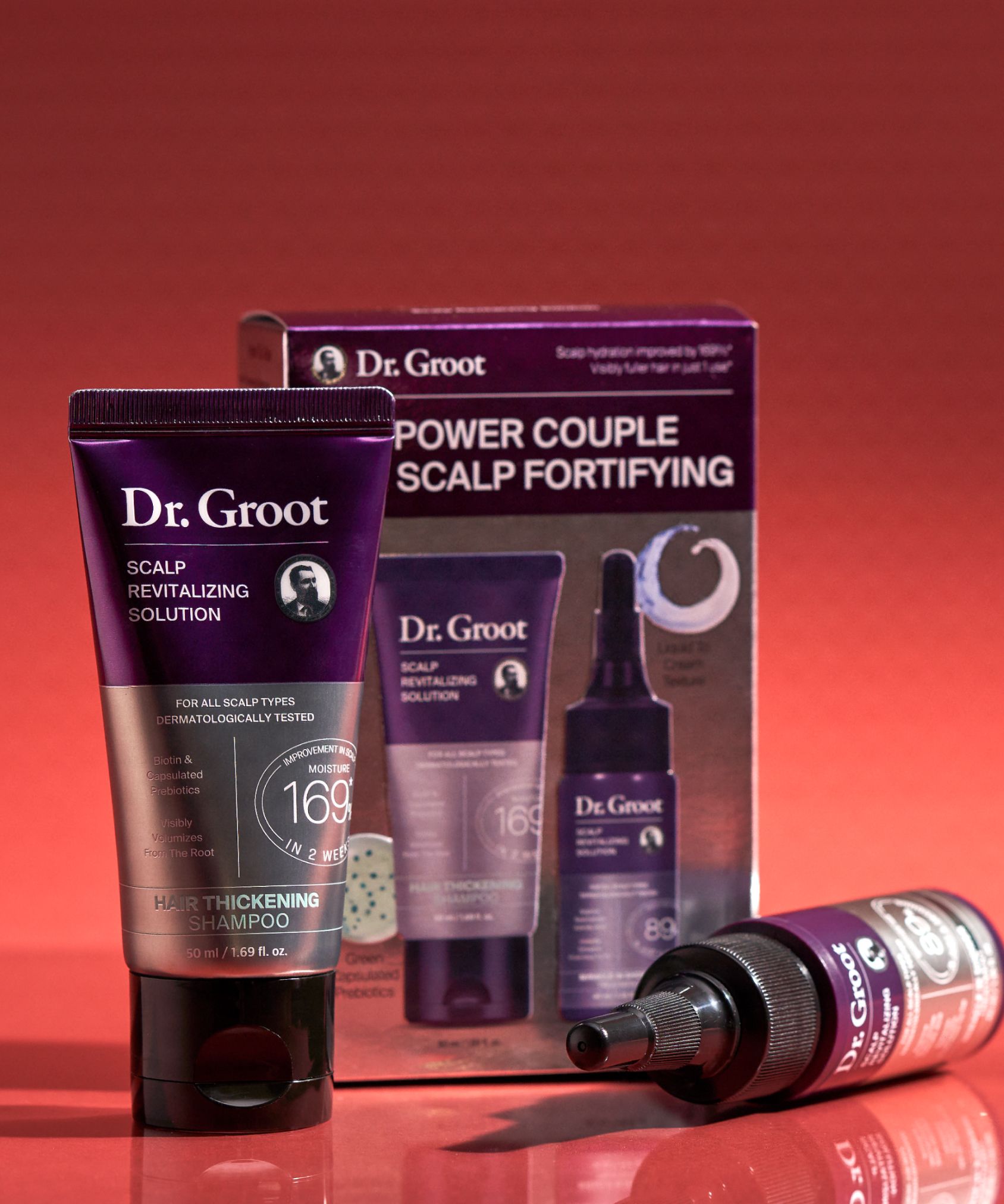 Dr. Groot Scalp Revitalizing Set products on a bright red background and surface.