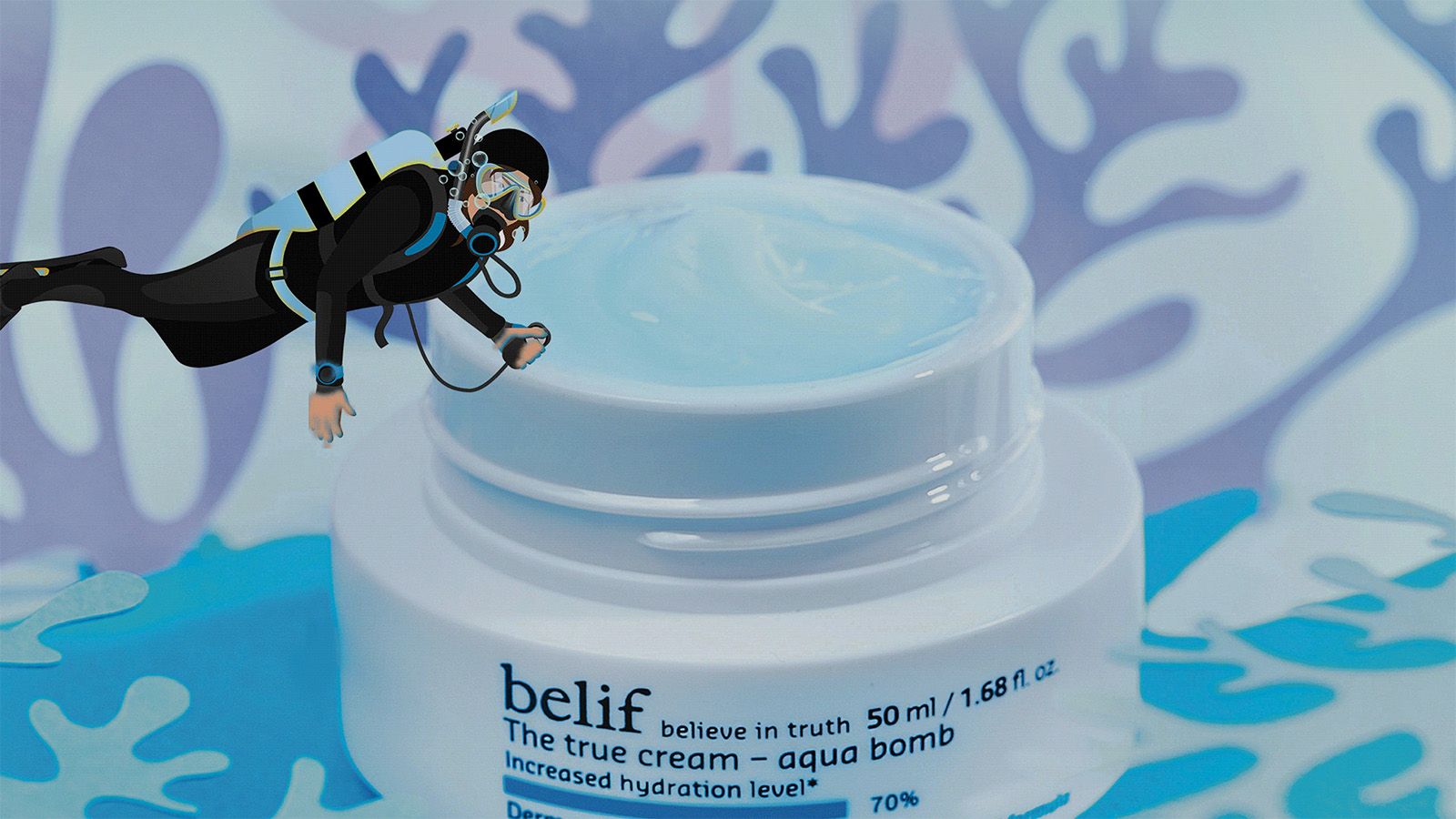 A diver on the bluish sea background swimming over the open jar of the belif True cream - Aqua bomb.