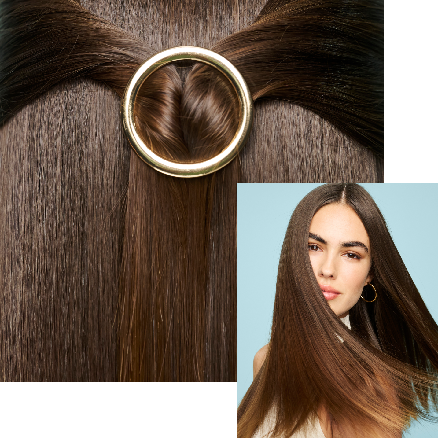 A collage of photos, one of which has hair tied in a ring, and the other photo features a model with her hair waving around.