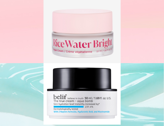 Two skincare cream jars: The Face Shop Rice Water Bright Vegan Cream on a pink background, and a Belif The True Cream Aqua Bomb cream on a turquoise background.
