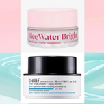 Two skincare cream jars: The Face Shop Rice Water Bright Vegan Cream on a pink background, and a Belif The True Cream Aqua Bomb cream on a turquoise background.