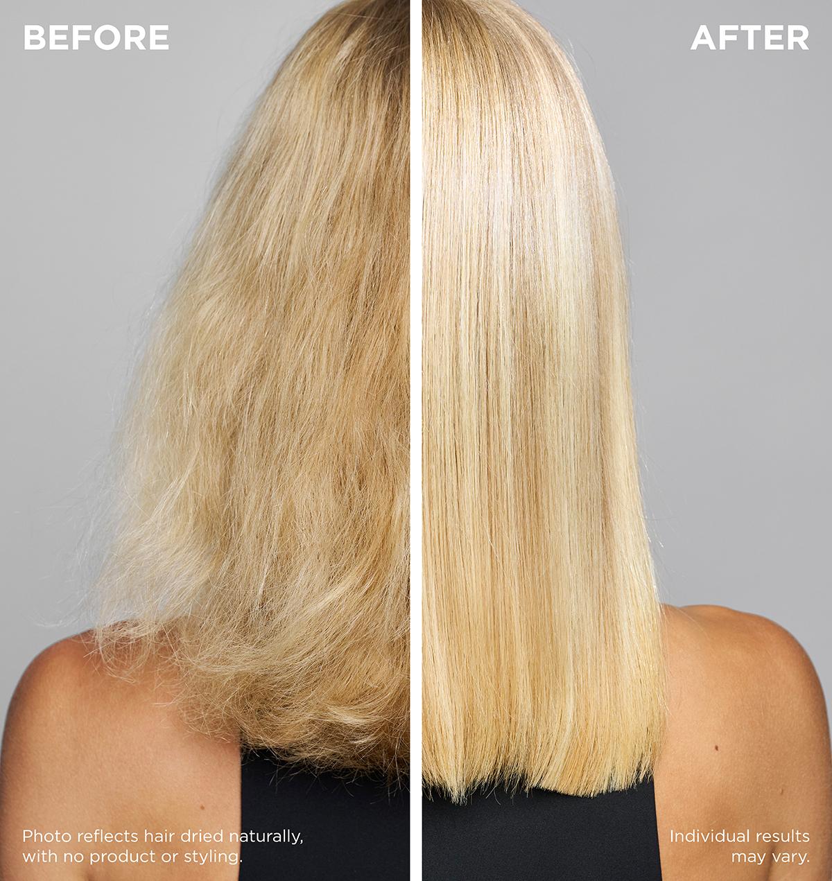 A before and after photo where the model's hair is notably healthier with less frizz and more shine in the after photo.