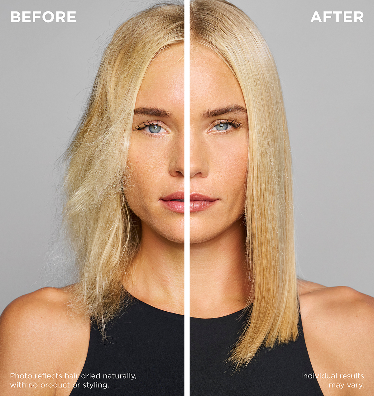 A before and after photo where the model's hair is notably healthier with less frizz and more shine in the after photo.