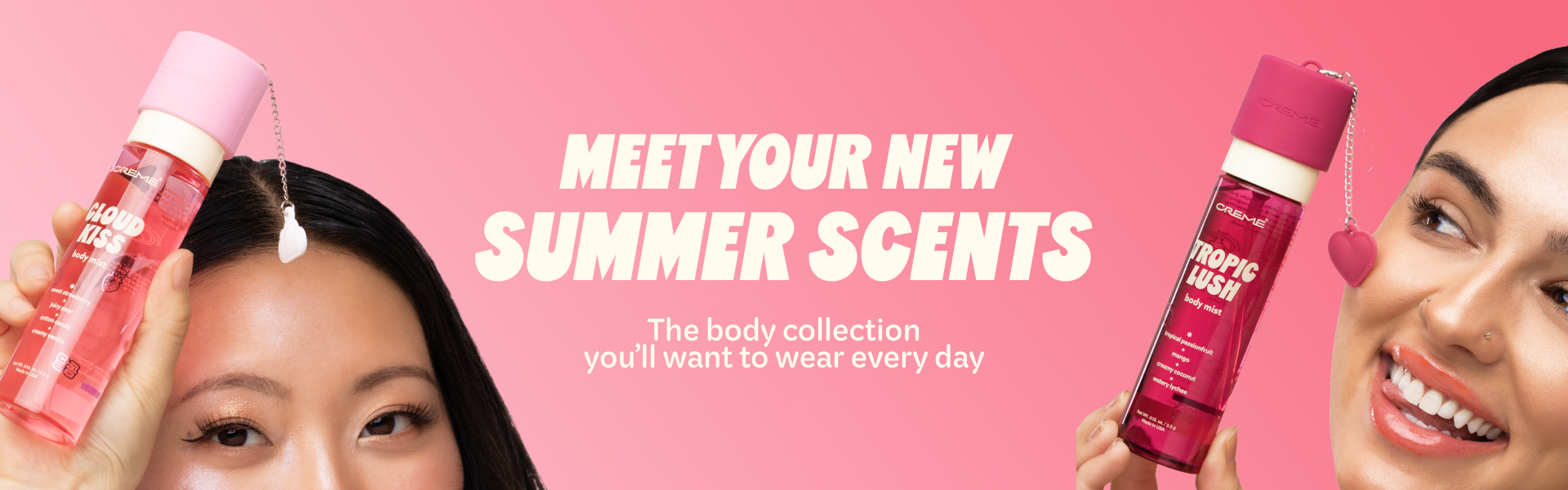 Two women hold pink body mist bottles against a pink background with the text "MEET YOUR NEW SUMMER SCENTS".