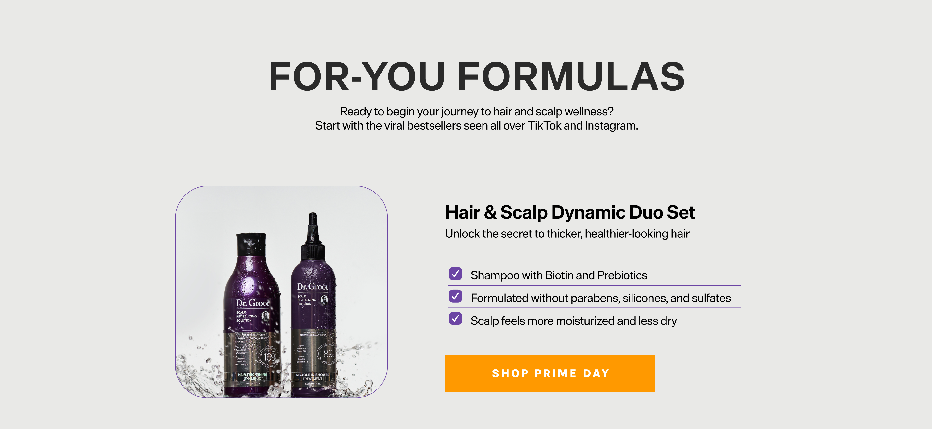 Dr. Groot Hair & Scalp Dynamic Duo Set: two purple bottles of shampoo and scalp treatment, advertised for thicker, healthier hair.