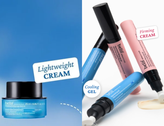 Belif skincare products: a blue jar of "Lightweight CREAM" on a blue background, and four pen-like applicators for "Cooling GEL" (blue) and "Firming CREAM" (pink) on a white background.
