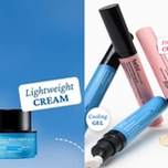 Belif skincare products: a blue jar of "Lightweight CREAM" on a blue background, and four pen-like applicators for "Cooling GEL" (blue) and "Firming CREAM" (pink) on a white background.