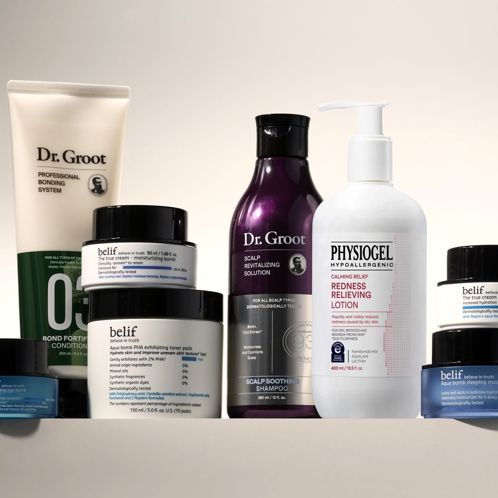 A collection of LG Beauty Products from Dr. Groot, belif, and Physiogel.