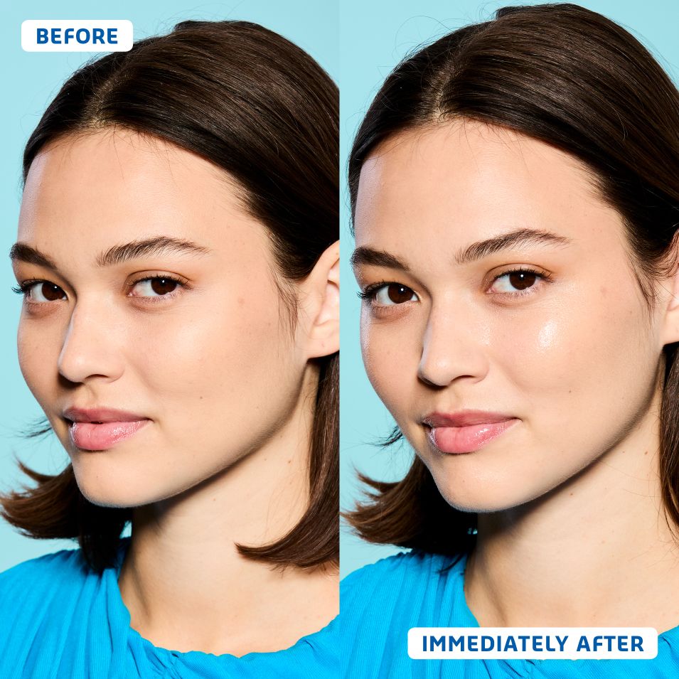 Two photos of a model - before and after using belif Aqua Bomb Hyalucid 11% Serum - her skin is looking super clean and healthy on the "after" image