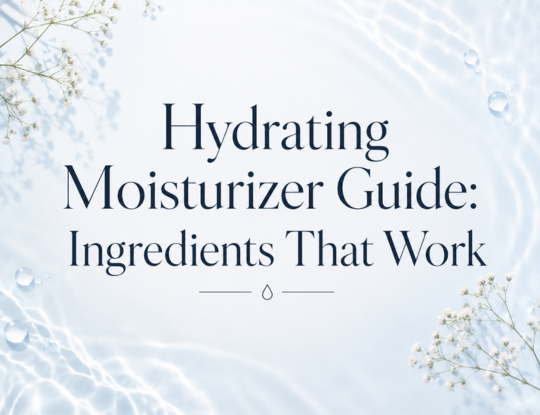 Text reads Hydrating Moisturizer Guide: Ingredients That Work on a light blue watery background