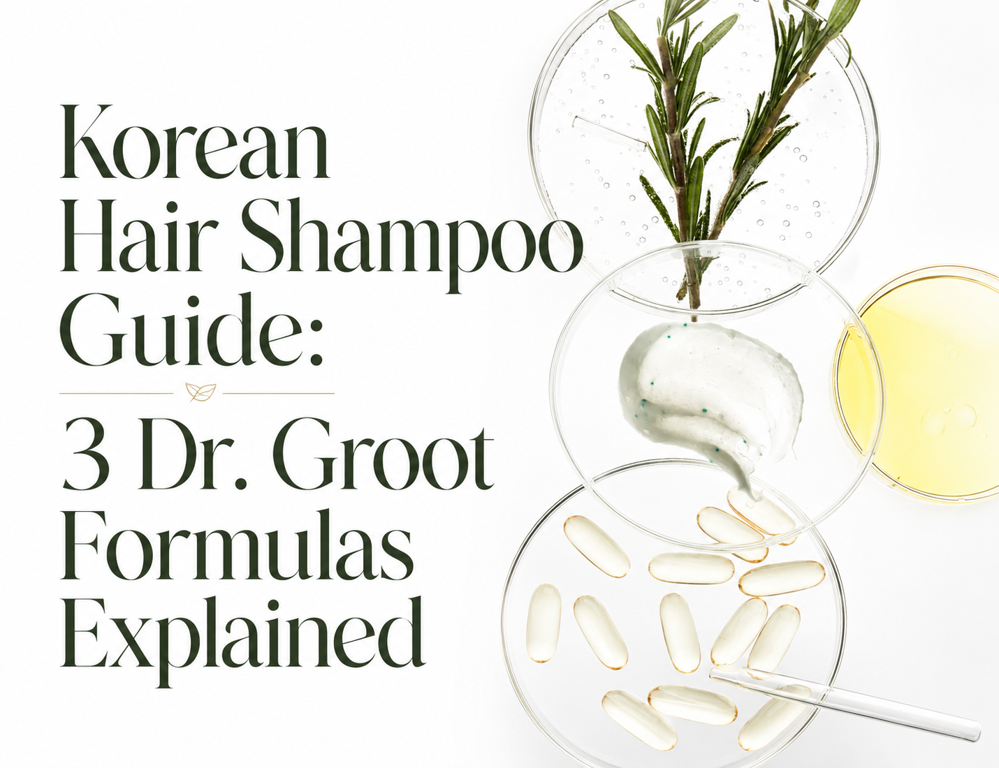 Text: Korean Hair Shampoo Guide: 3 Dr. Groot Formulas Explained. Petri dishes display rosemary, cream, and capsules.