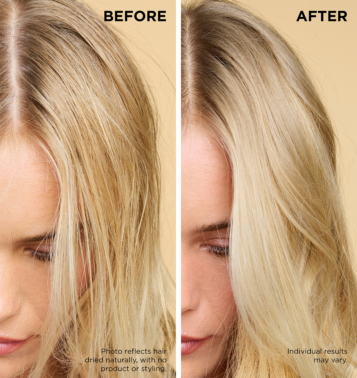 A before and after photo where the model's hair is notably fuller with more volume in the after photo.