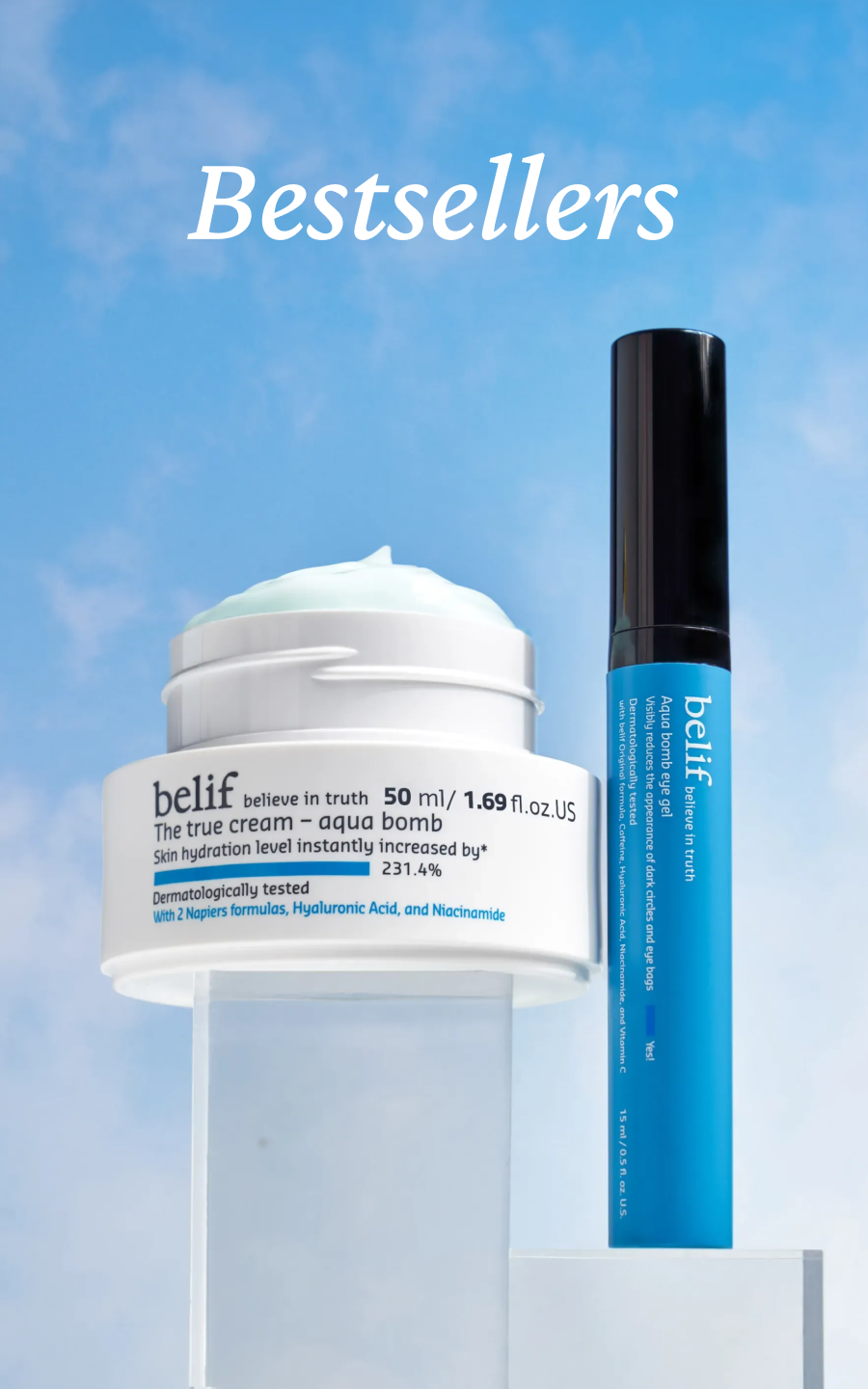 Belif "The true cream - aqua bomb" jar and "Aqua bomb eye gel" tube against a blue sky, with "Bestsellers" written above.