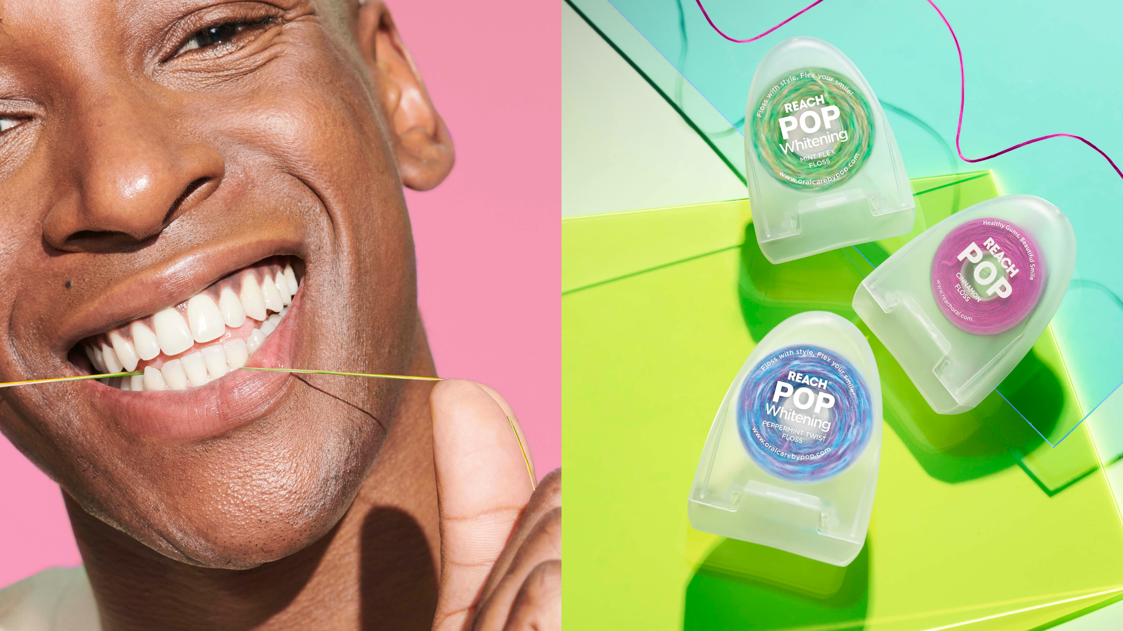 On the left part of the image a man is smiling, looking at the viewer, using the Reach POP Floss, and on the right part of the image there are three boxes of different Reach Pop Floss
