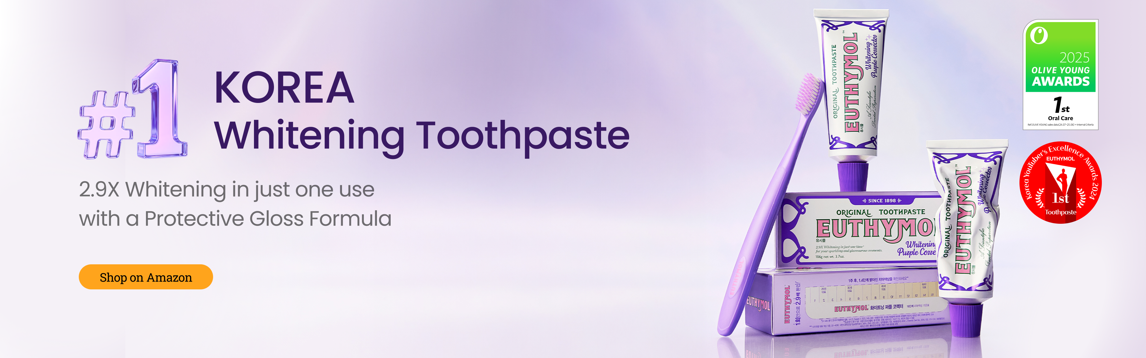 Euthymol #1 Korea Whitening Toothpaste, featuring purple product tubes, boxes, a toothbrush, and award badges.