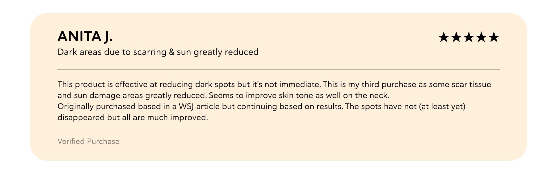 Anita J.'s 5-star review: "Dark areas due to scarring & sun greatly reduced," praising the product for reducing dark spots and improving skin tone.