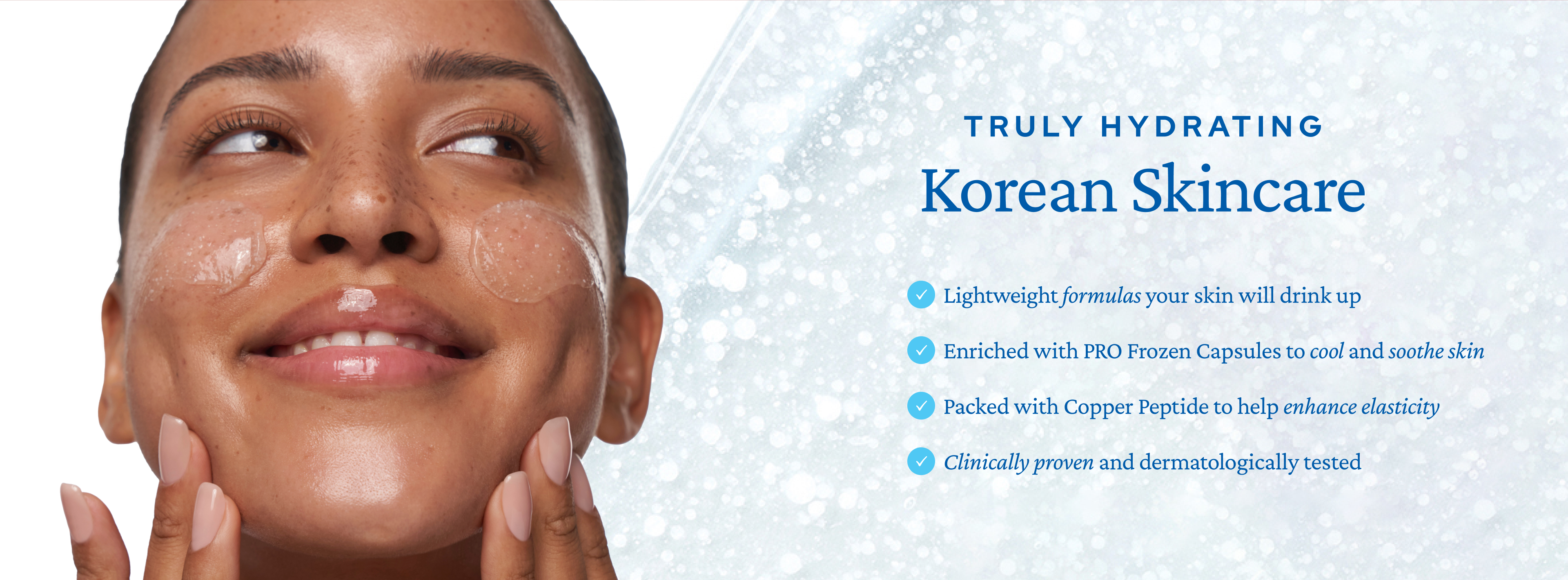 Smiling woman with glowing skin and clear gel patches, applying product. Text: Truly Hydrating Korean Skincare.