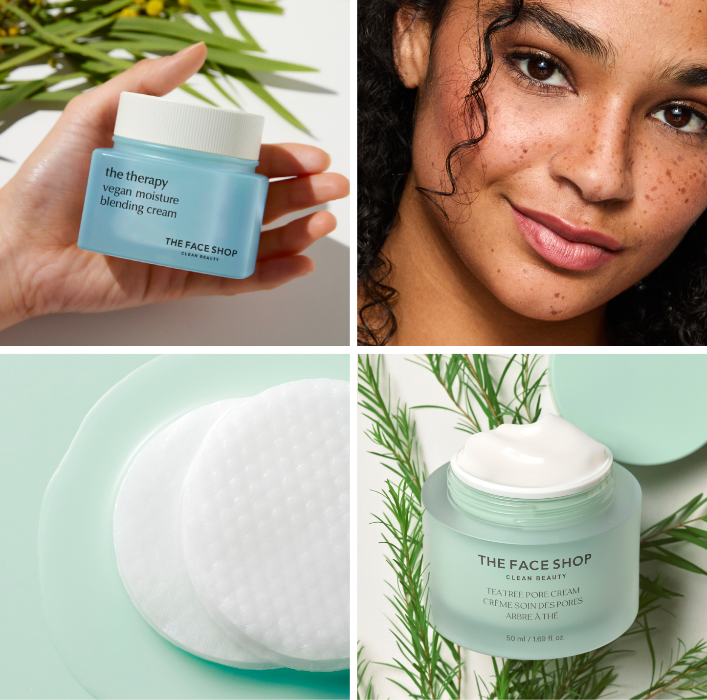 a combination of four pictures: top left - a hand holding a light blue jar of The Face Shop Vegan Moisture Blending Cream; top right - a model slightly smiling, looking at the viewer; bottom left - two The Face Shop Tea Tree Toner Pads over a spread of light green cream; bottom right - light green jar of The Face Shop Tea Tree Pore Cream