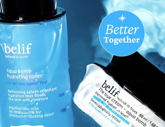 Belif Aqua Bomb hydrating toner and true cream aqua bomb moisturizer with a "Better Together" label.