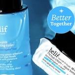 Belif Aqua Bomb hydrating toner and true cream aqua bomb moisturizer with a "Better Together" label.