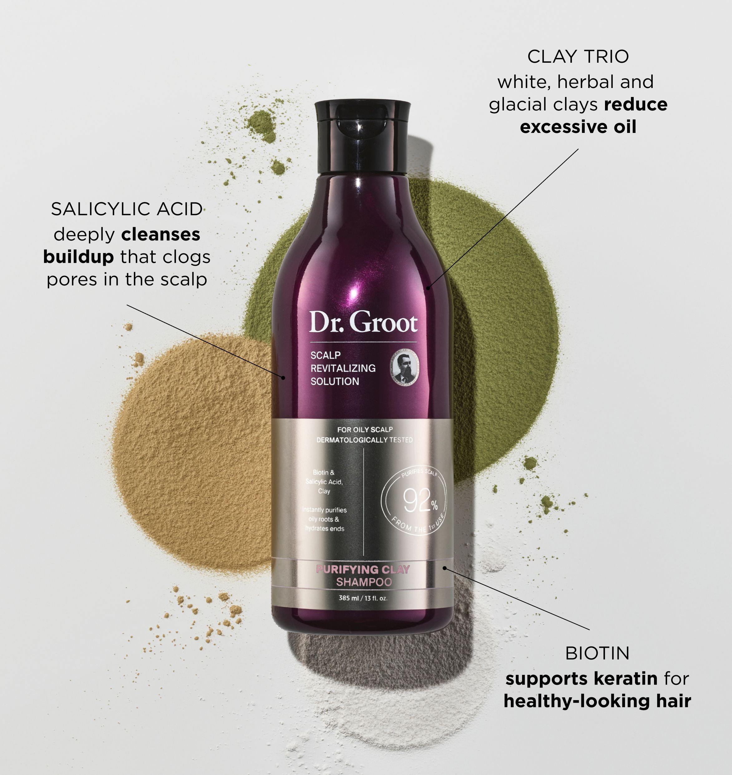 A bottle of Dr. Groot Purifying Clay Shampoo rests on a spread of glacial clay, herbal clay, and white clay.