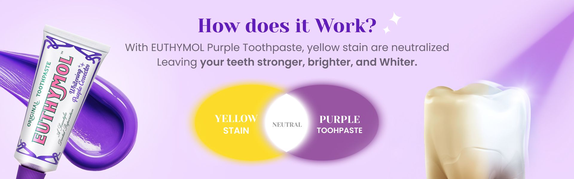 Euthymol Purple Toothpaste ad showing a tube, a diagram explaining how purple toothpaste neutralizes yellow stains, and a partially whitened tooth.