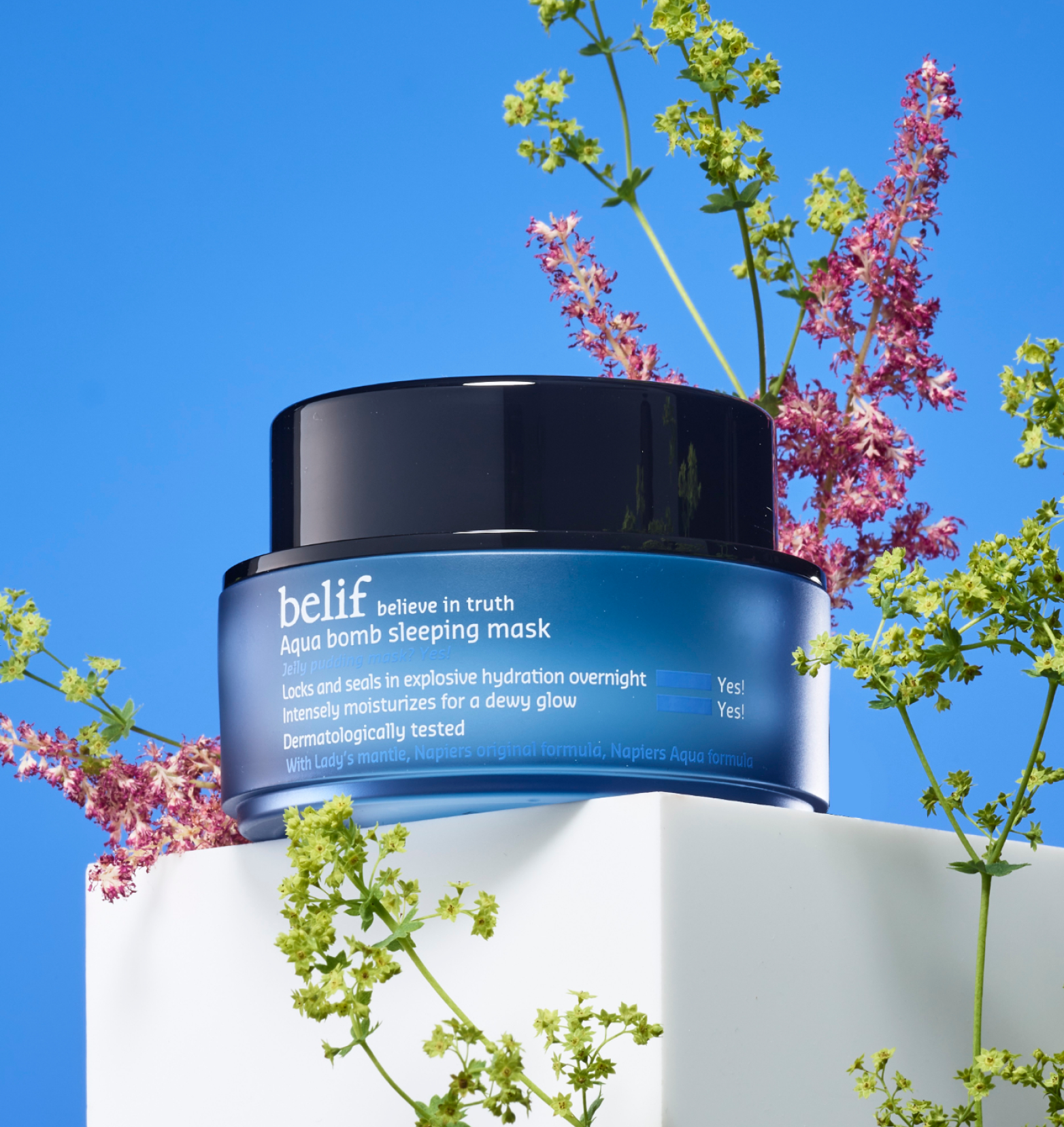 A blue jar of belif Aqua Bomb Sleeping Mask standing on a white block with herb twigs around