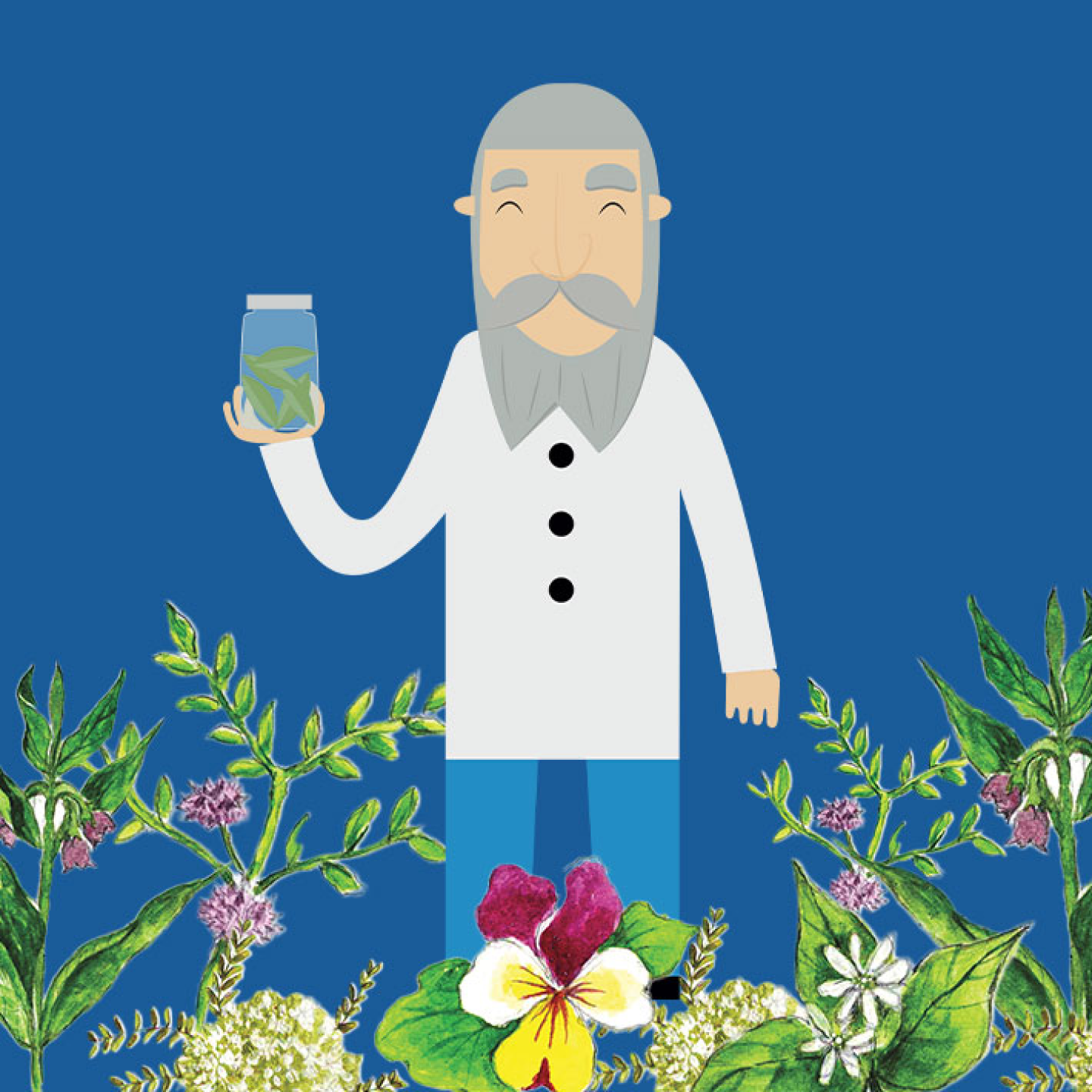 A cartoon drawing of Duncan Napier - a Scottish herbalist - whose formula of herbs is the base for belif products