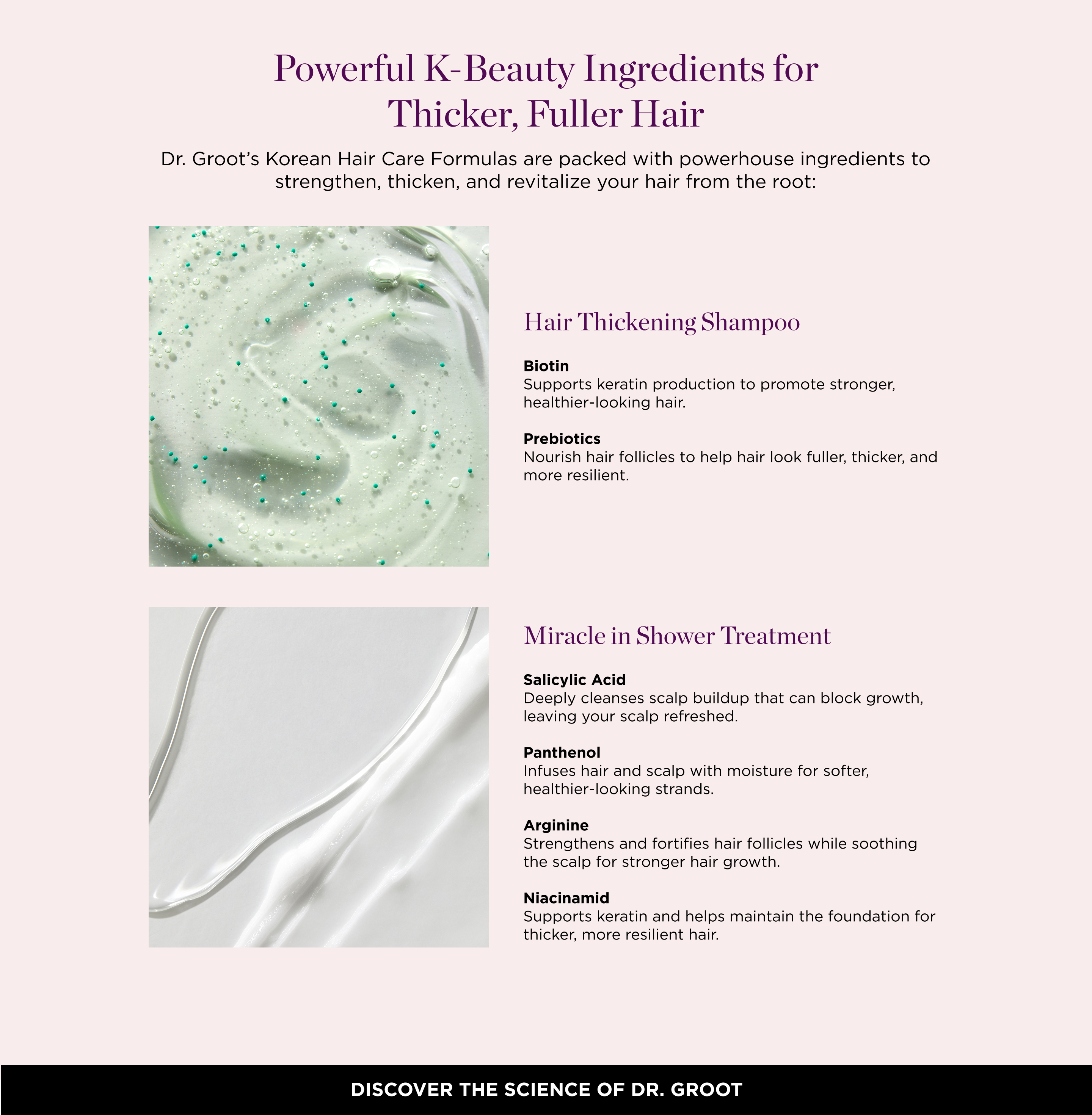 Promotional image for Dr. Groot's K-Beauty hair products, highlighting ingredients like Biotin, Salicylic Acid, and Panthenol for thicker, fuller hair, with close-ups of shampoo and shower treatment textures.