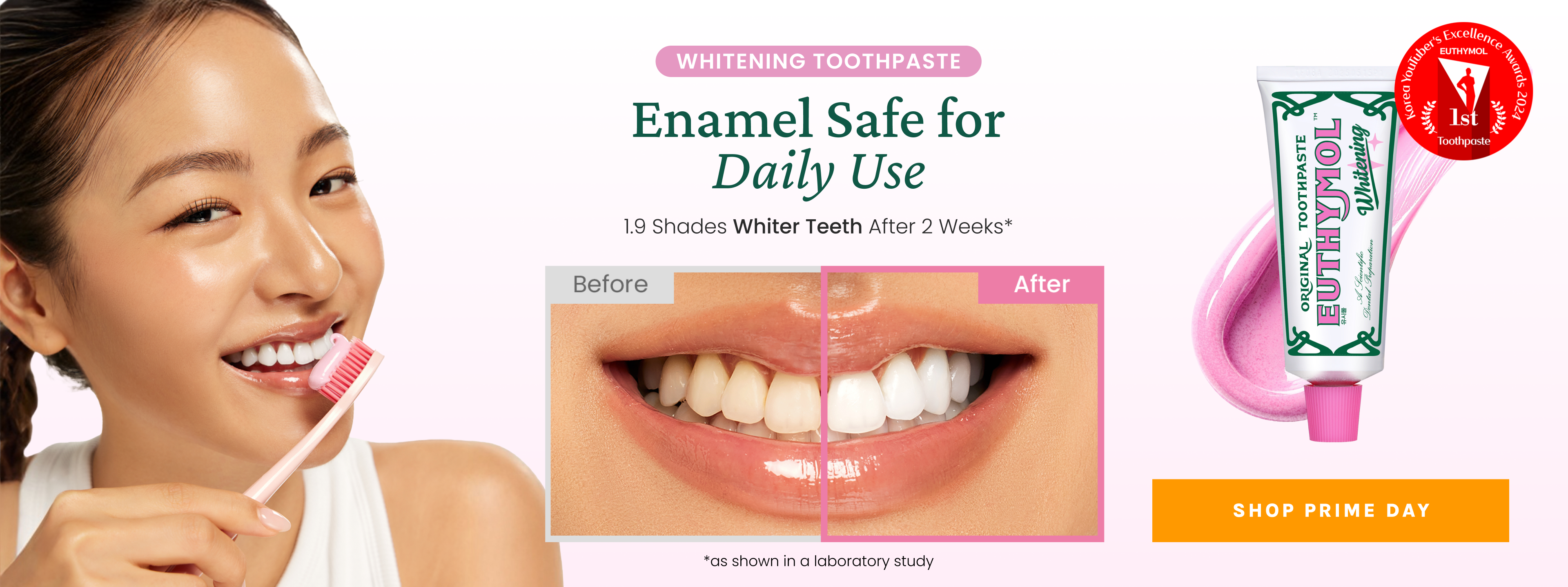 Advertisement for Euthymol Whitening Toothpaste showing a woman brushing her teeth, a before-and-after image of yellowed teeth becoming white, and a tube of the pink toothpaste.
