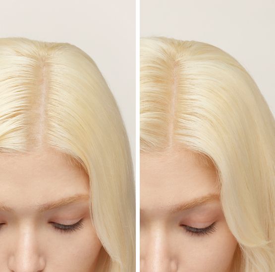 Before and after close-up of blonde hair; thin roots are visible on the left, while the roots are visibly thicker on the right.
