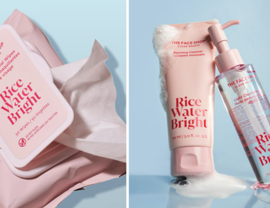 Pink-packaged The Face Shop Rice Water Bright facial cleansing wipes open showing a wipe, foaming cleanser spilling suds, and light cleansing oil.