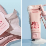 Pink-packaged The Face Shop Rice Water Bright facial cleansing wipes open showing a wipe, foaming cleanser spilling suds, and light cleansing oil.