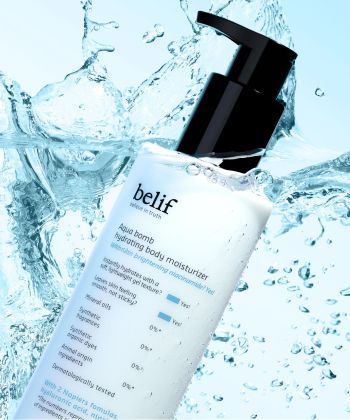 A tube of belif Aqua Bomb Hydrating Body Moisturizer falling with a splash into a pool of water