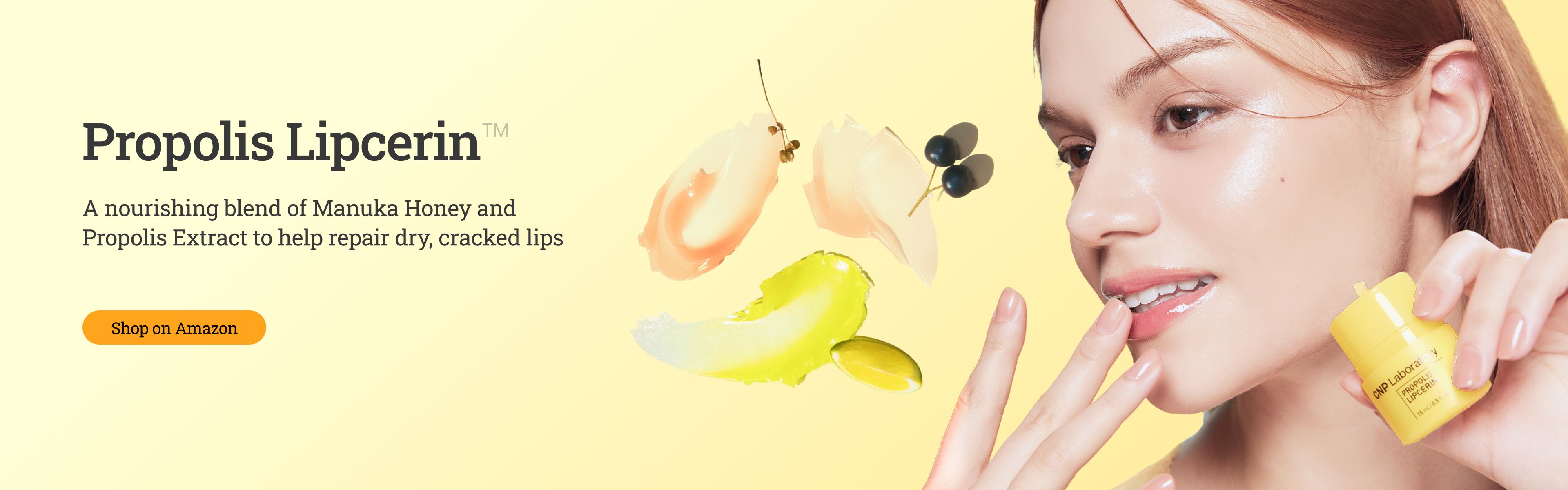 Woman applying Propolis Lipcerin to her lips, with text promoting it for dry, cracked lips with Manuka Honey and Propolis Extract.