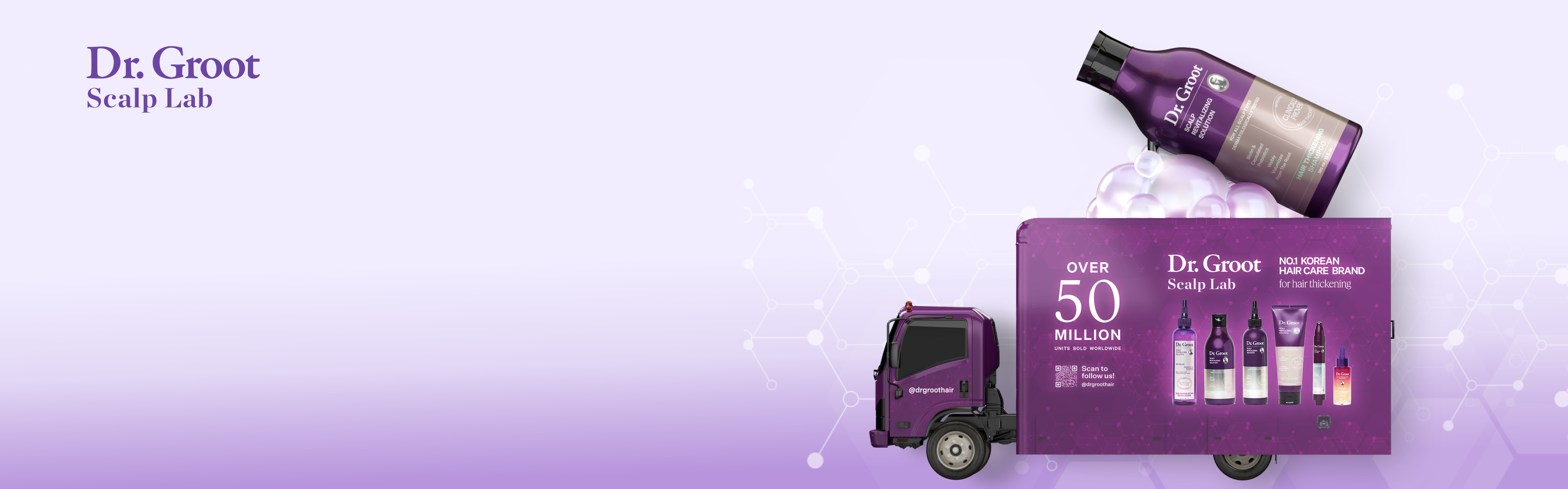 Purple Dr. Groot Scalp Lab advertisement with a delivery truck, featuring hair care products and a large shampoo bottle bursting from foam.