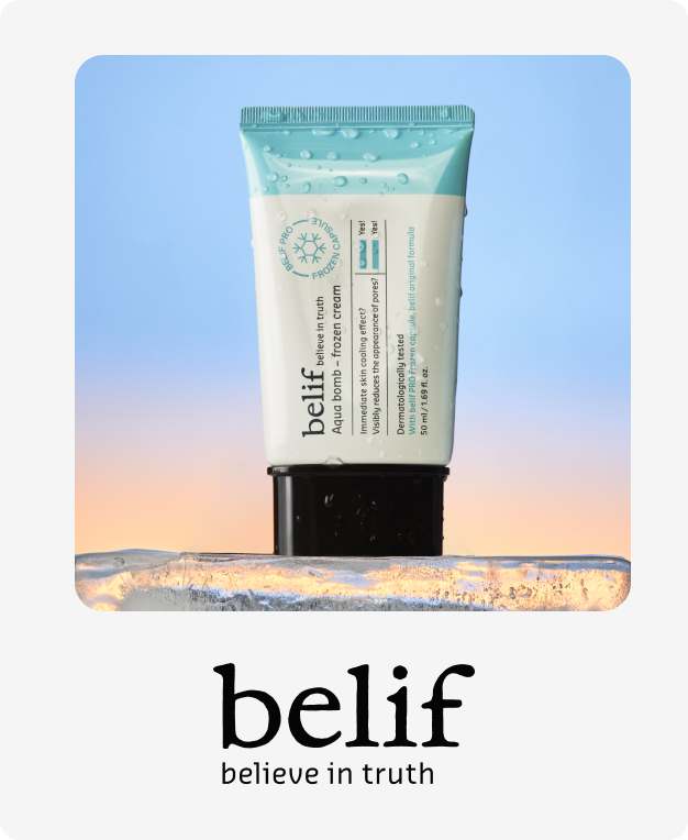 Pink belif Aqua Bomb Lifting Eye Gel pen applicator with a white tip, above the 'belif believe in truth' logo.