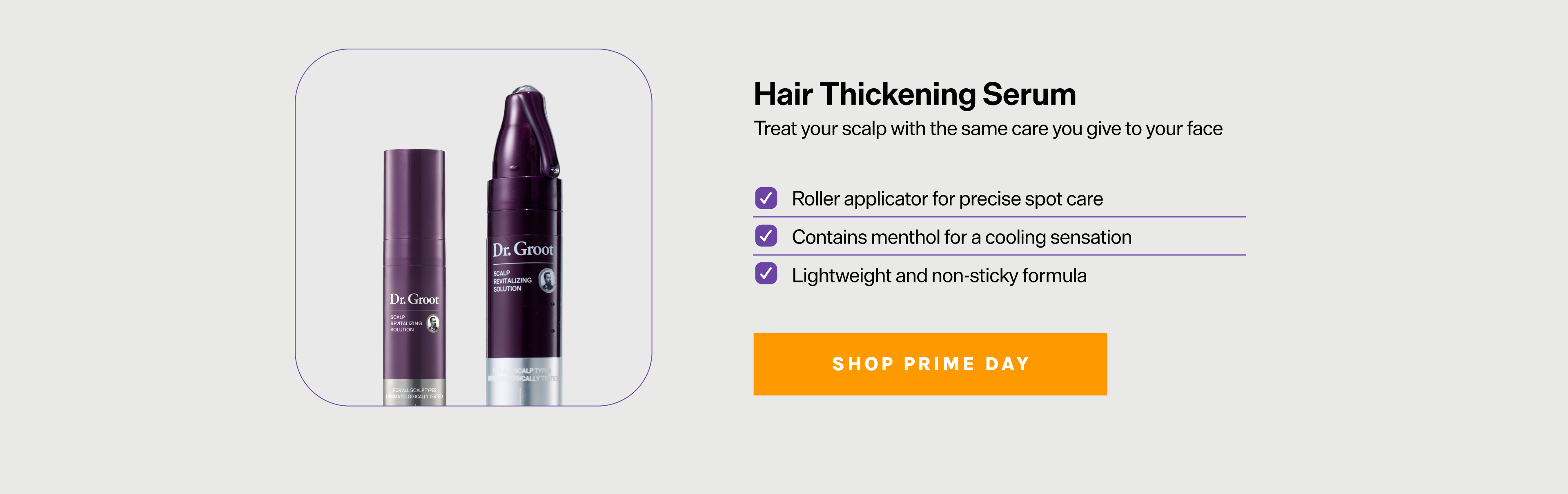 Two purple bottles of Dr. Gros Hair Thickening Serum, with product features listed and a 'Shop Prime Day' button.