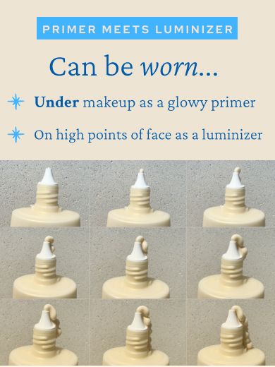 An advertisement for a beauty product combining primer and luminizer. Text reads: "PRIMER MEETS LUMINIZER Can be worn... *Under makeup as a glowy primer *On high points of face as a luminizer." Bottom shows a collage of the product's nozzle in different orientations.
