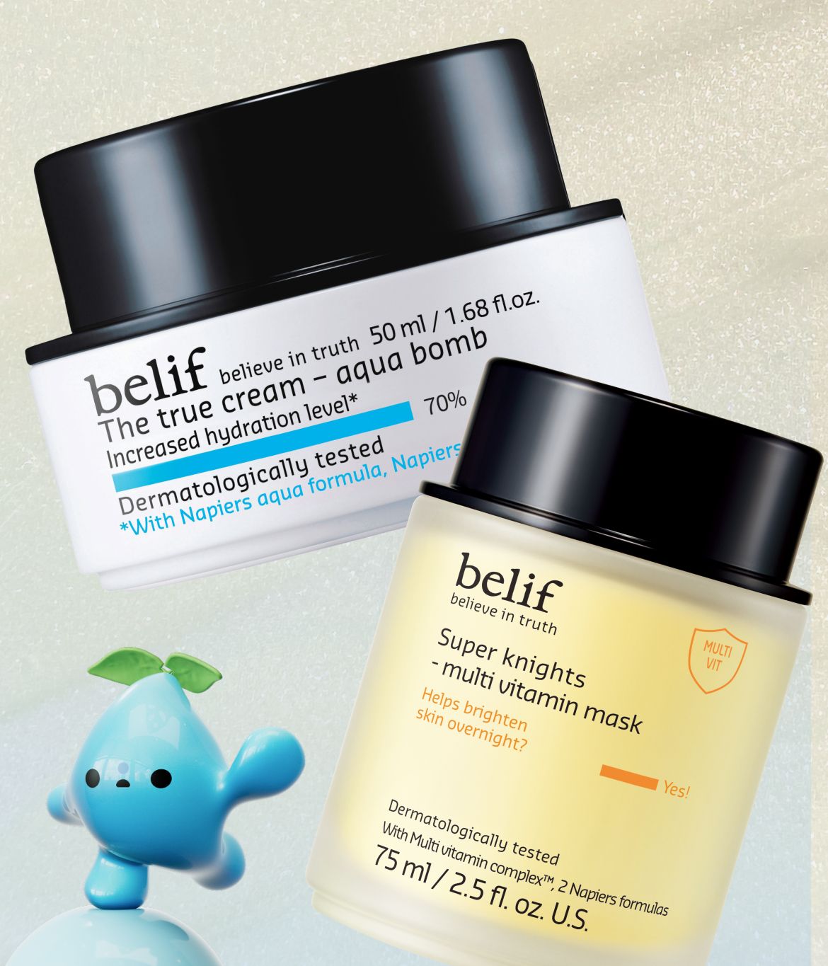 Two Belif skincare products, "Aqua Bomb" cream and "Super Knights Multi Vitamin Mask," next to a blue water drop mascot named Chok Chok.