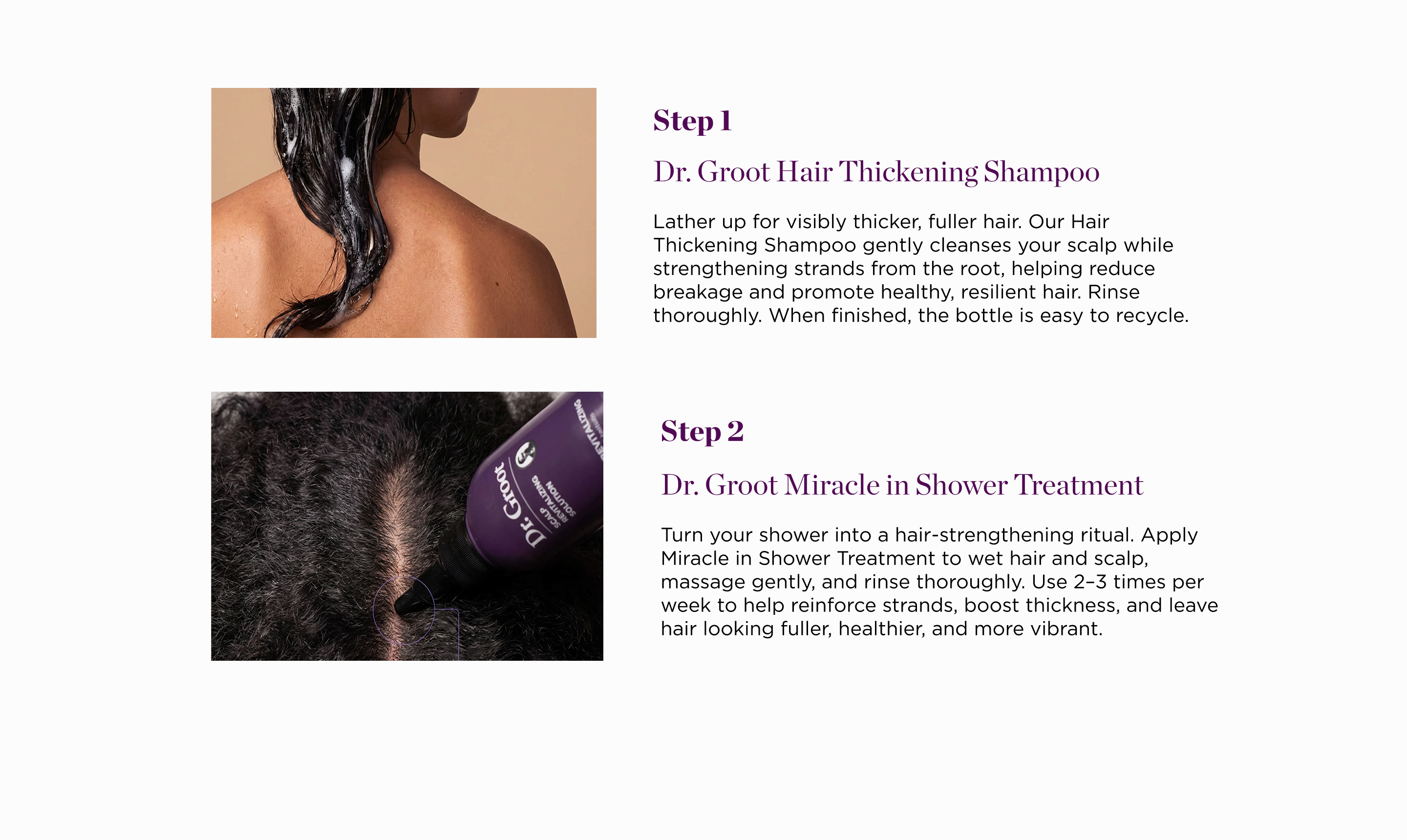 Dr. Groot 2-step hair care routine: shampoo applied to hair, and a treatment applied to scalp, with accompanying text instructions.
