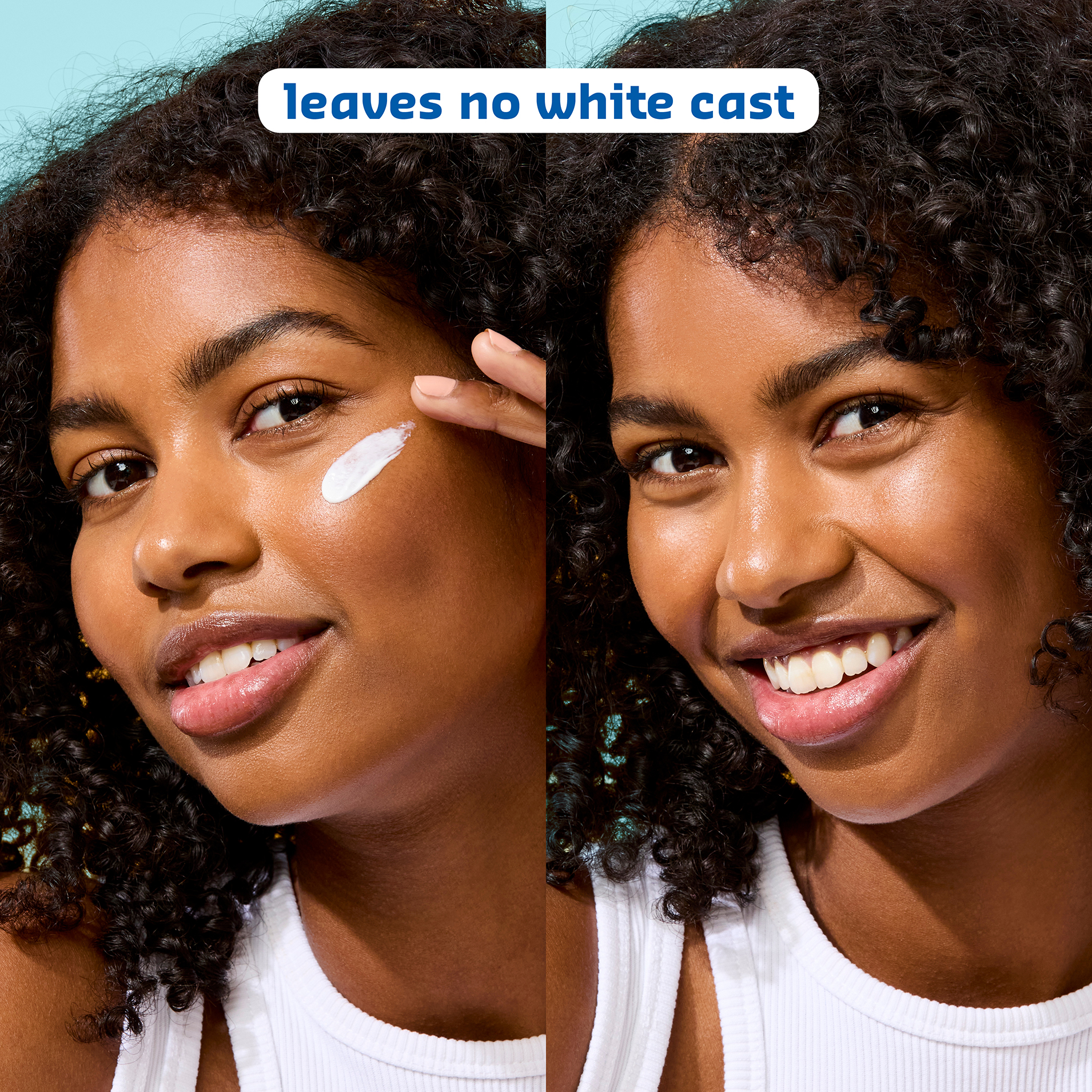 A before and after photo of a model applying a white cream to her cheek, with the after photo showing no white cast on her skin