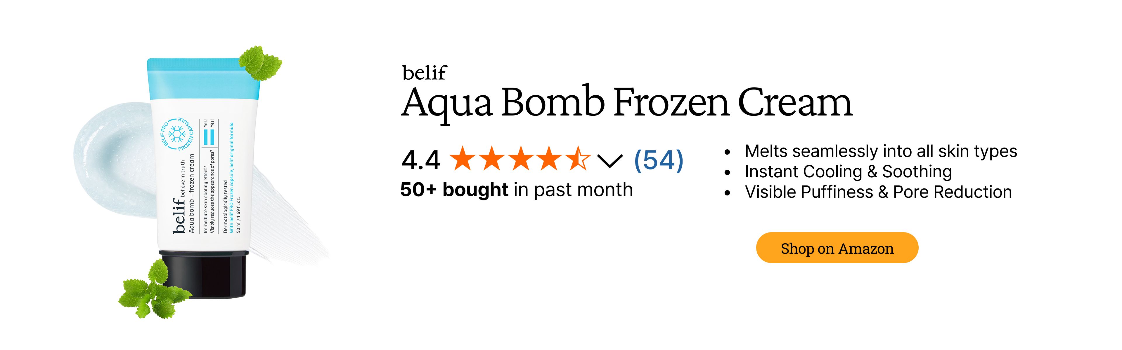 belif Aqua Bomb Frozen Cream tube with a cream swatch and mint leaves, rated 4.4 stars, highlighting its cooling, soothing, and puffiness reduction benefits.