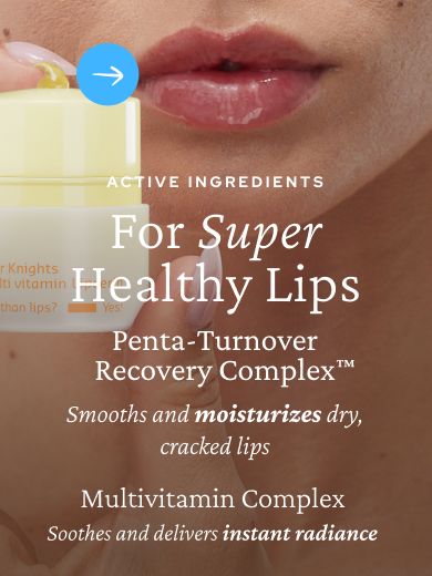 Close-up of a person holding a lip balm to their lips. The text on the image highlights "Active Ingredients for Super Healthy Lips: Penta-Turnover Recovery Complex" that smooths and moisturizes dry, cracked lips, and "Multivitamin Complex" that soothes and delivers instant radiance.