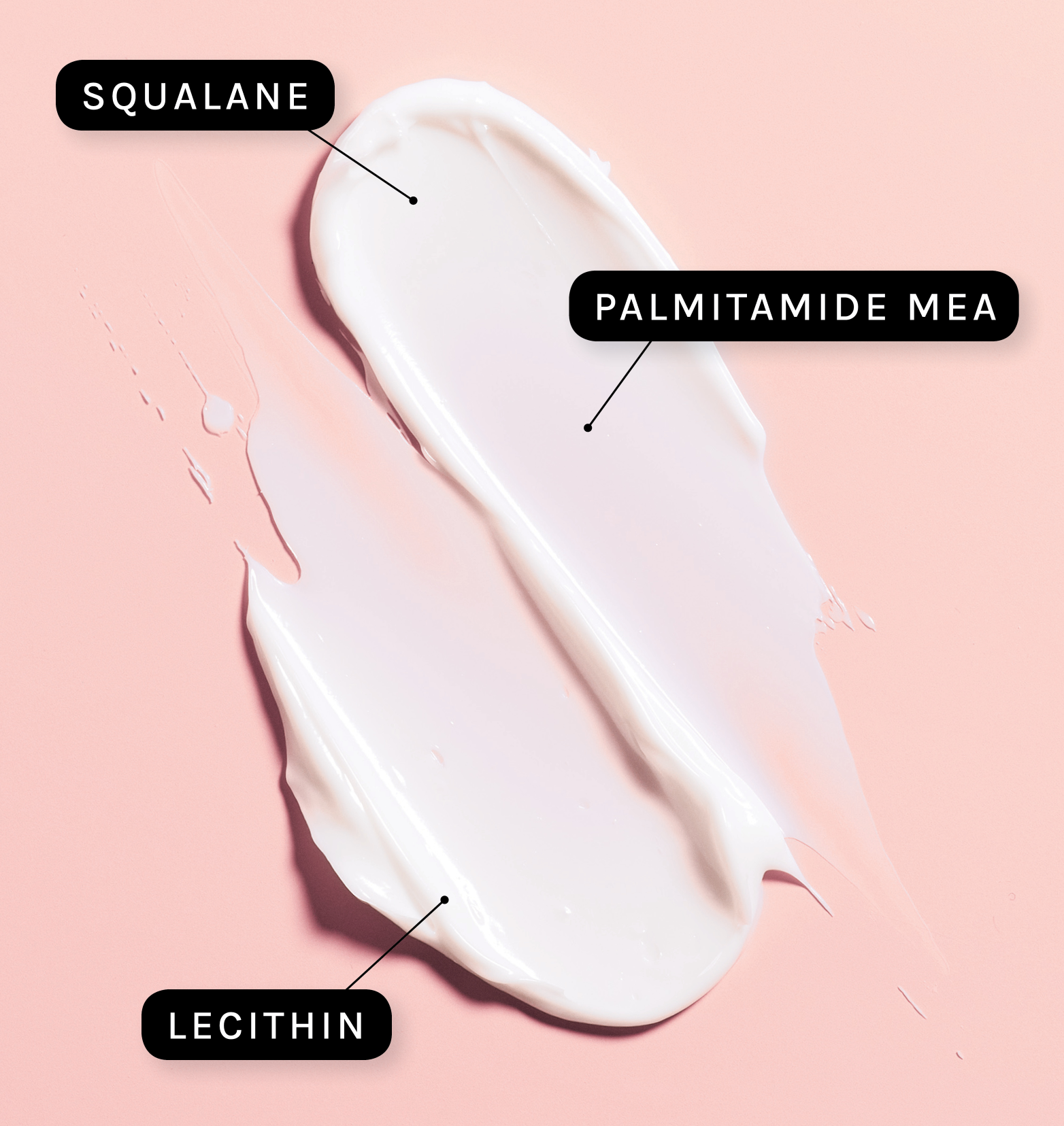 A white spread of Physiogel Calming Relief on a pink surface with three ingredients texts "squalane", "palmitamide mea", "lecithin"