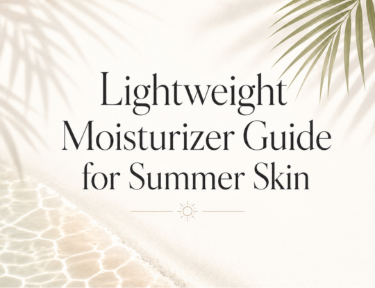 Lightweight Moisturizer Guide for Summer Skin text on a beige background with palm fronds in the upper corners and water and sand in the bottom corners.