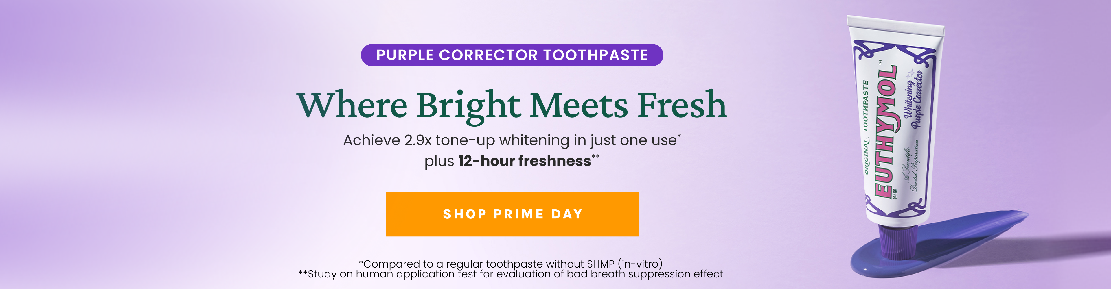 An ad for Euthymol Purple Corrector Toothpaste, showing the tube and purple toothpaste with text promoting whitening and freshness, and a "Shop Prime Day" button.