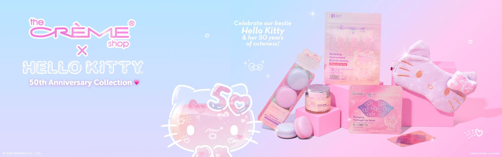 The Creme Shop x Hello Kitty 50th Anniversary Collection on a light pink and blue gradient background, with an animation of Hello Kitty in  the middle of the image.