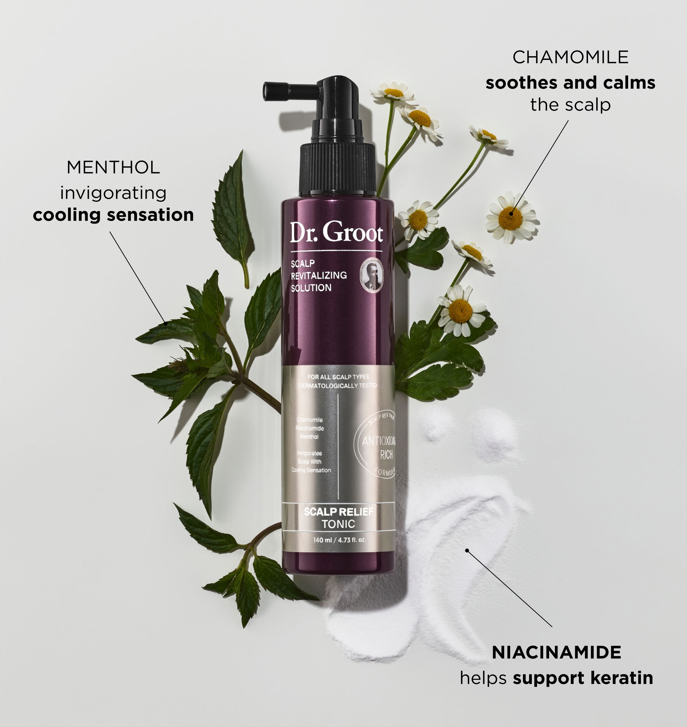 A bottle of Dr. Groot Scalp Relief Tonic rests on a spread of menthol, chamomile, and niacinamide.